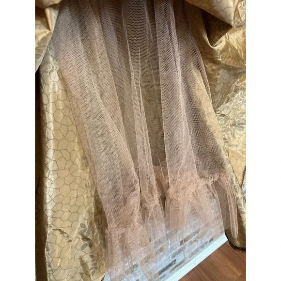 1940/50 Champaign Taffetta Cocktail Dress, Flocked W/ Velvet/Glitter Lace Trim S - Picture 5 of 12